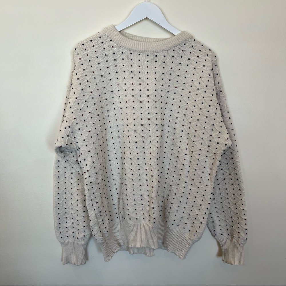 Vintage Lazarus Chunky Pullover Sweater Cream Mens Xl Polka Dot Grandpa Cotton